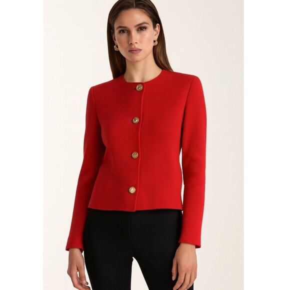 ST. JOHN Blazer Jacket Santana Knit Red Gold Buttons size 6 Classic Preppy - Picture 1 of 14